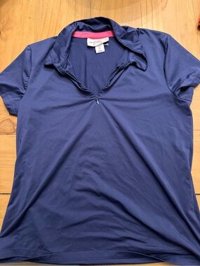 Tommy Bahama Navy Short Sleeve Half-Zip Polo with Pink Neck Trim